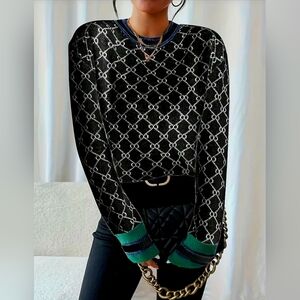 Pullover Sweater with Green and Blue Accents